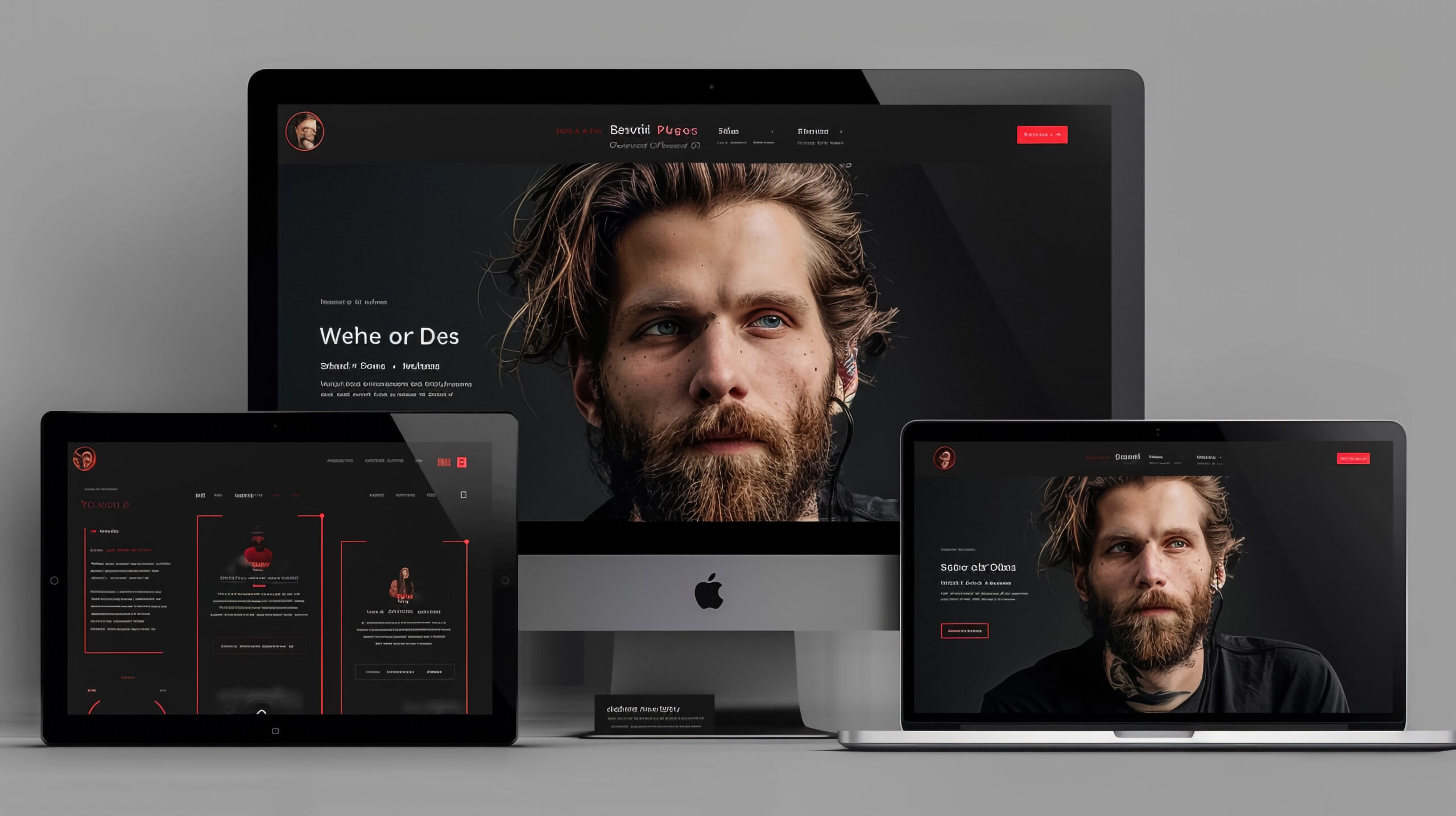 Responsive website design mockup displayed on iMac, MacBook, and tablet