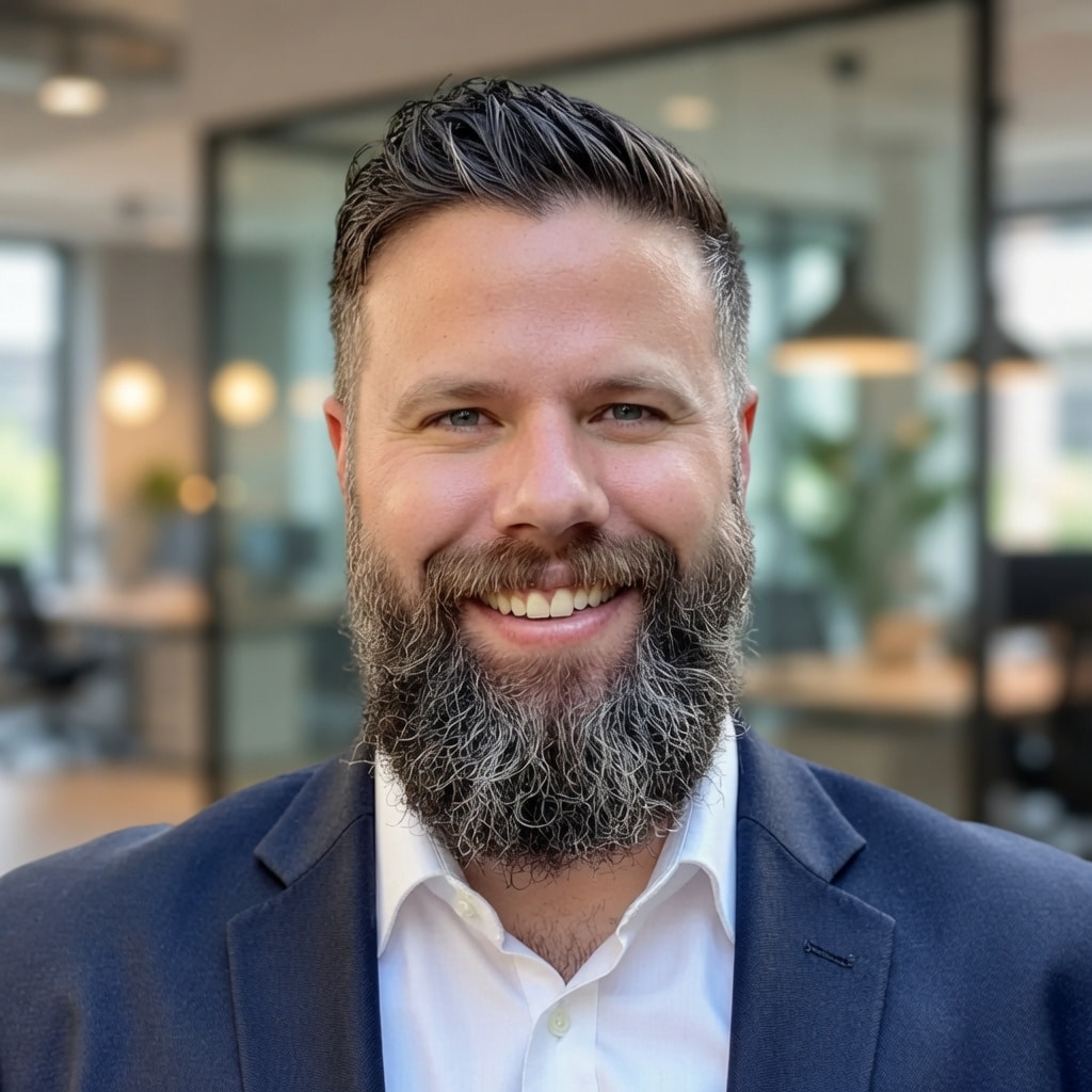 Smiling bearded man in navy blazer in modern office