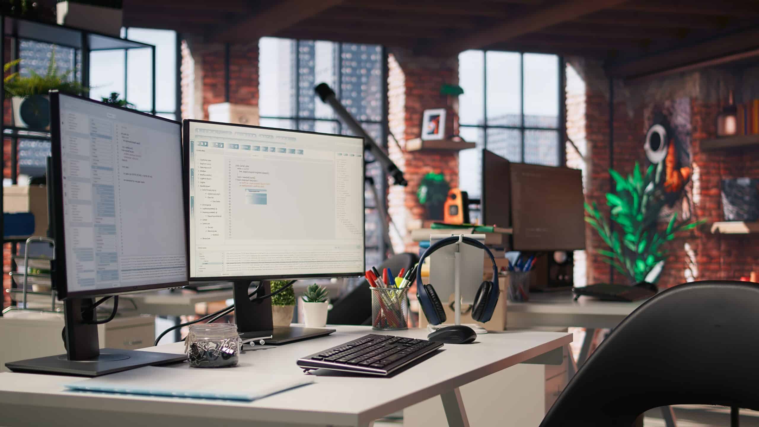 Two monitors on a white desk display code and a file list, with headphones and a keyboard in a loft office.