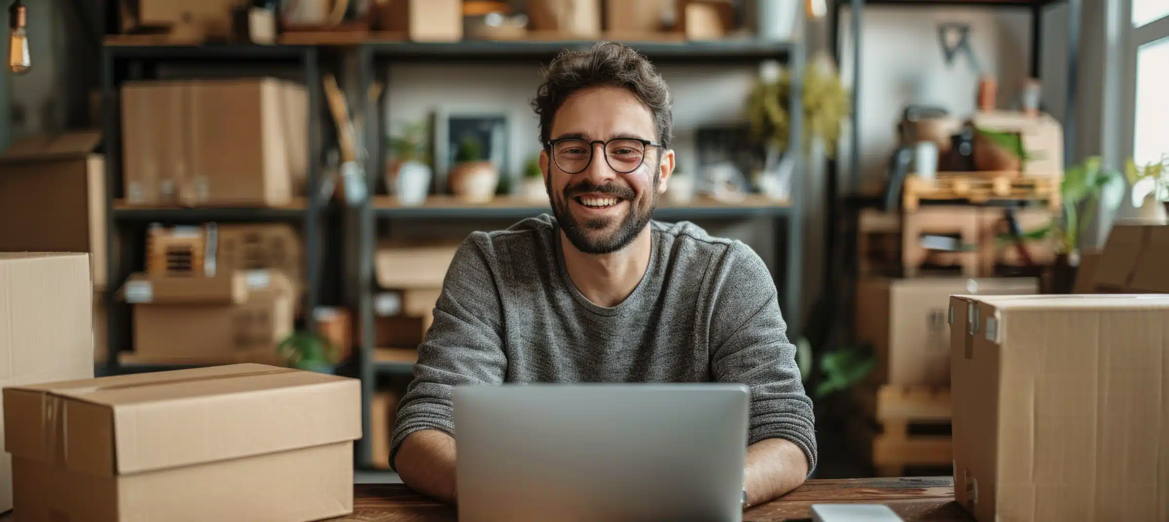 Smiling man with glasses working on laptop in warehouse