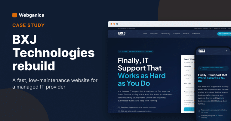 BXJ Technologies rebuild case study: the new managed IT provider website shown on desktop and mobile, a fast, low-maintenance site for Denver and Wyoming IT support