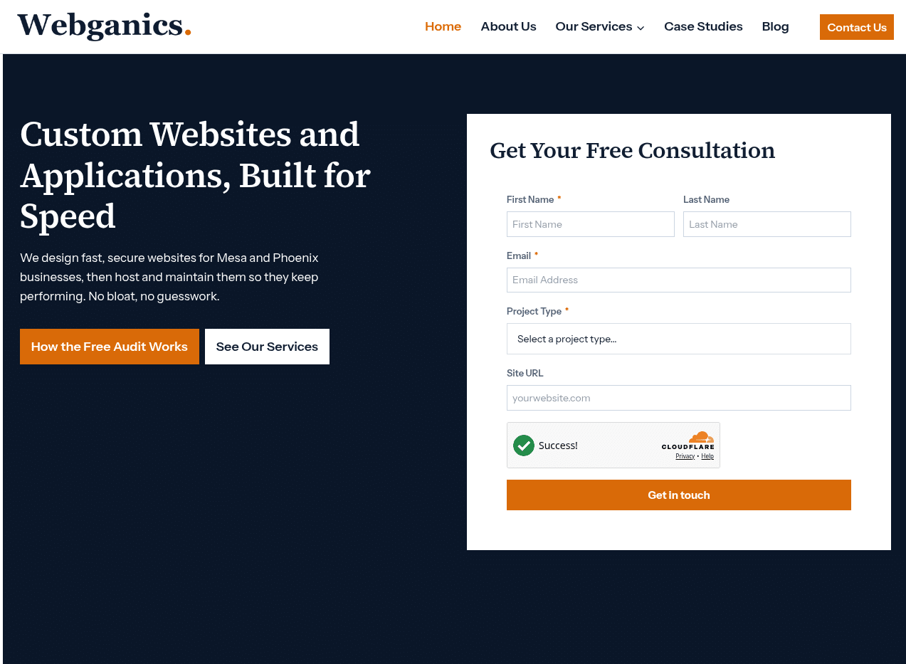 Screenshot of the Webganics homepage hero with the headline Custom Websites and Applications, Built for Speed, plus a free consultation form and Get in touch button.